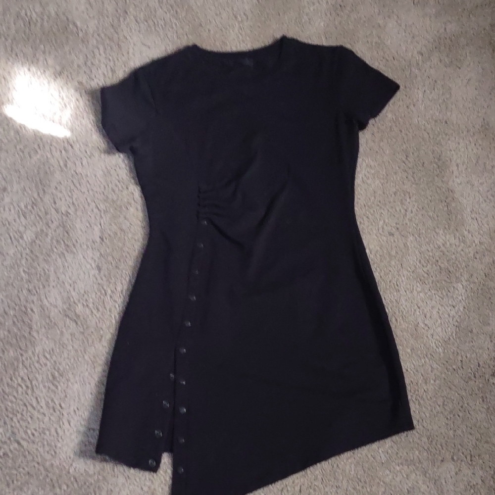 Black Asymmetrical Dress With Button Detail, Size 6 (38), Short Sleeve